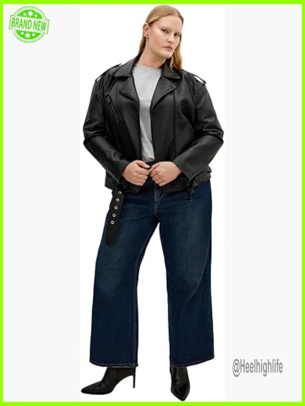 Plus Size Faux Leather Biker Jacket with Belt, Long Sleeve, Zipped Pockets